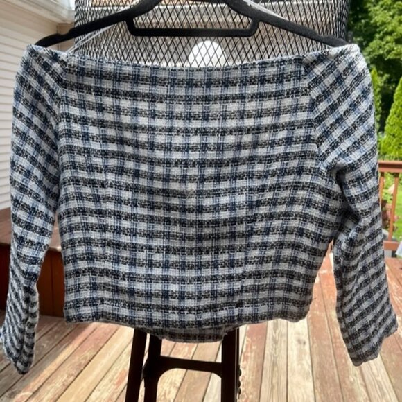 ZARA Women's Textured Off Shoulder Cropped Top Jacket Blue White Plaid Sz Large - Picture 12 of 12
